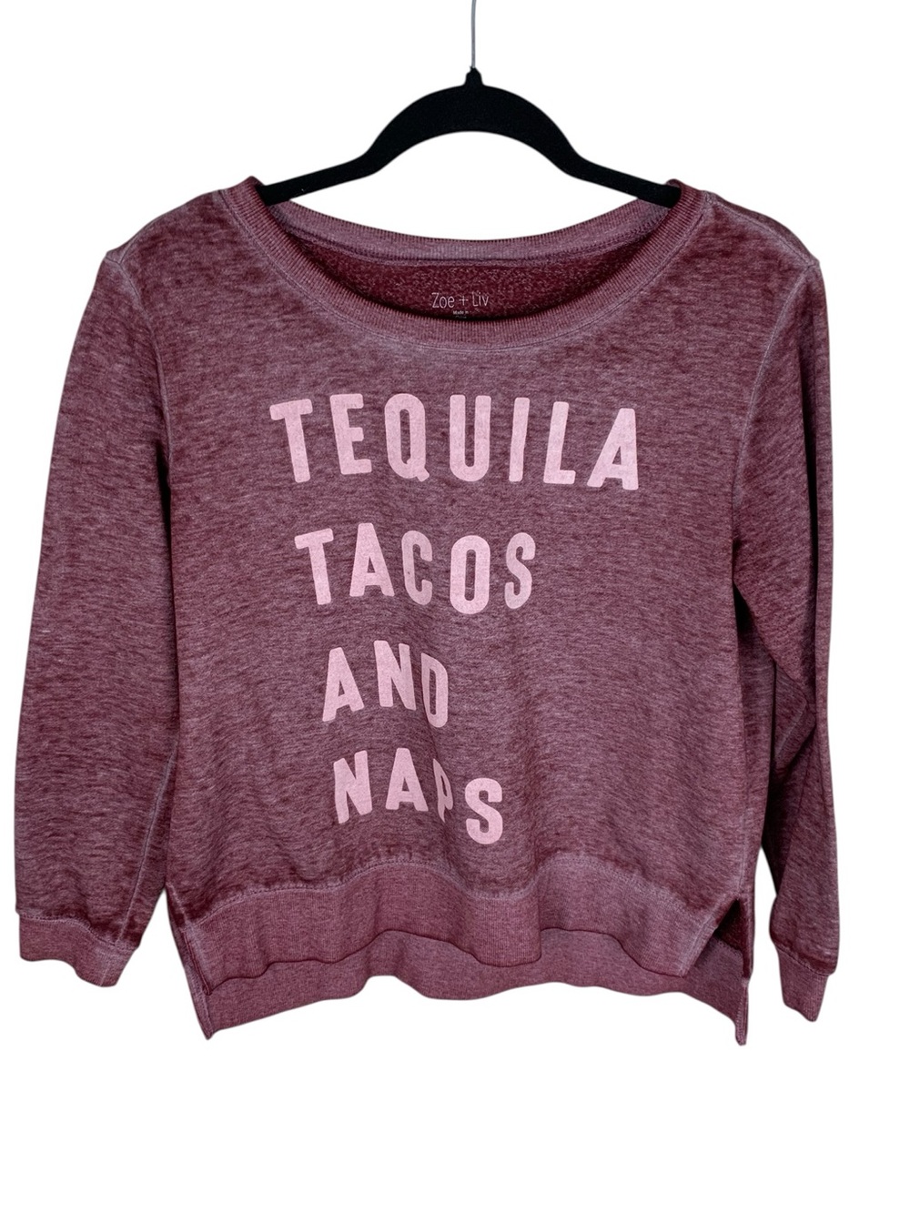 Zoe + Liv Burgundy 'Tequila Tacos and Naps' Hi-Lo Hem Sweatshirt Size M
